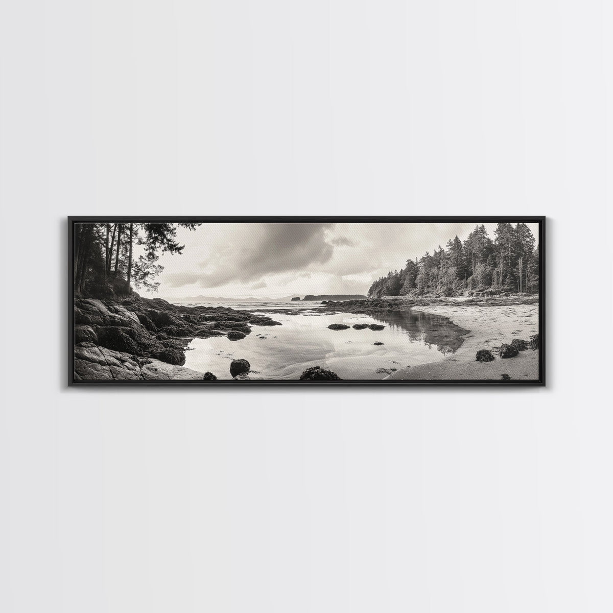 Tidal Pools, Coastal Calm, Forest Edge, Framed Canvas Print, Tranquil Bathroom Art, Pacific Northwest Decor, Nature Inspired Style