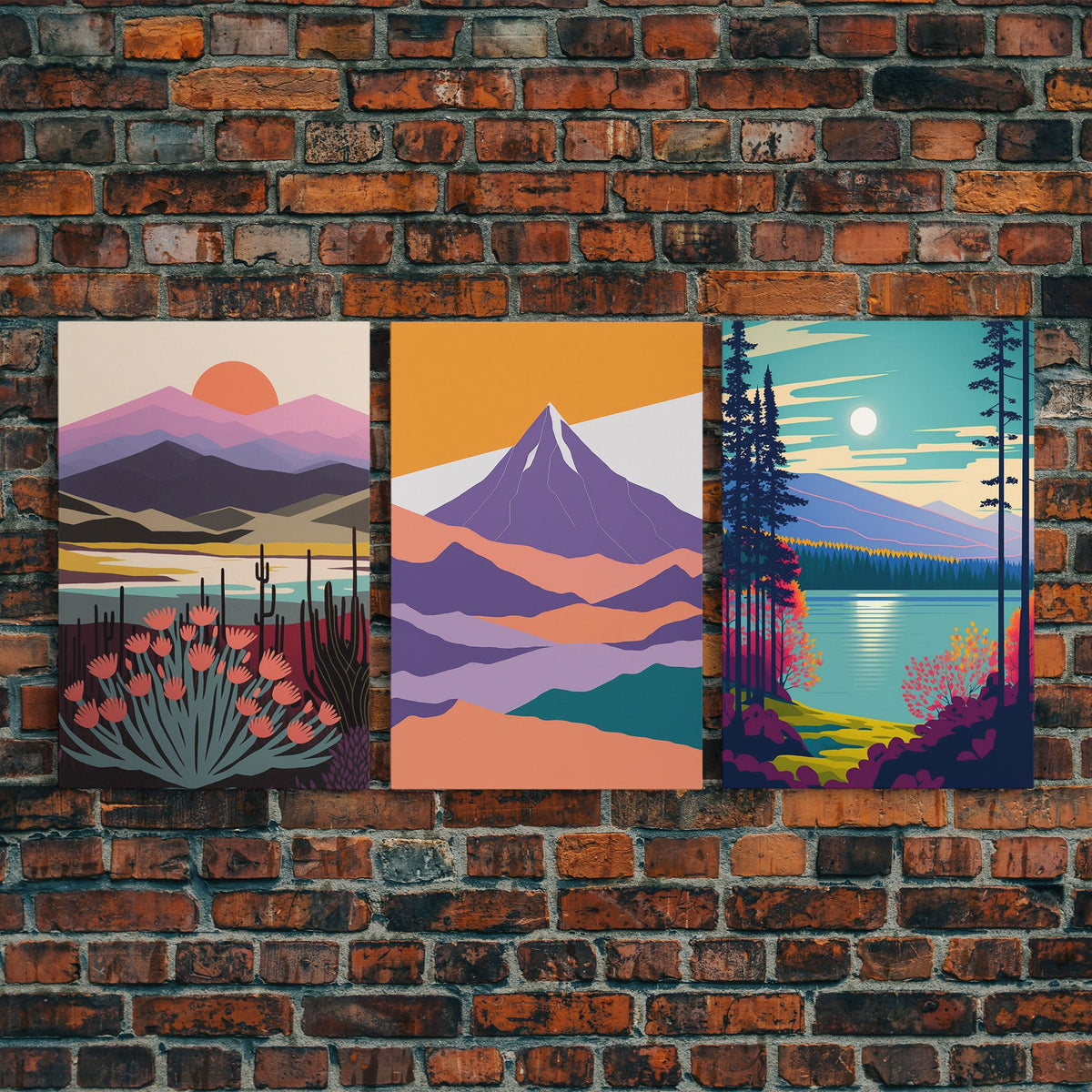 Minimalist Landscape Decor, 3 Piece Canvas Print, Framed Wall Art, Pacific Northwest Inspired Scandinavian Decor, Retro Style